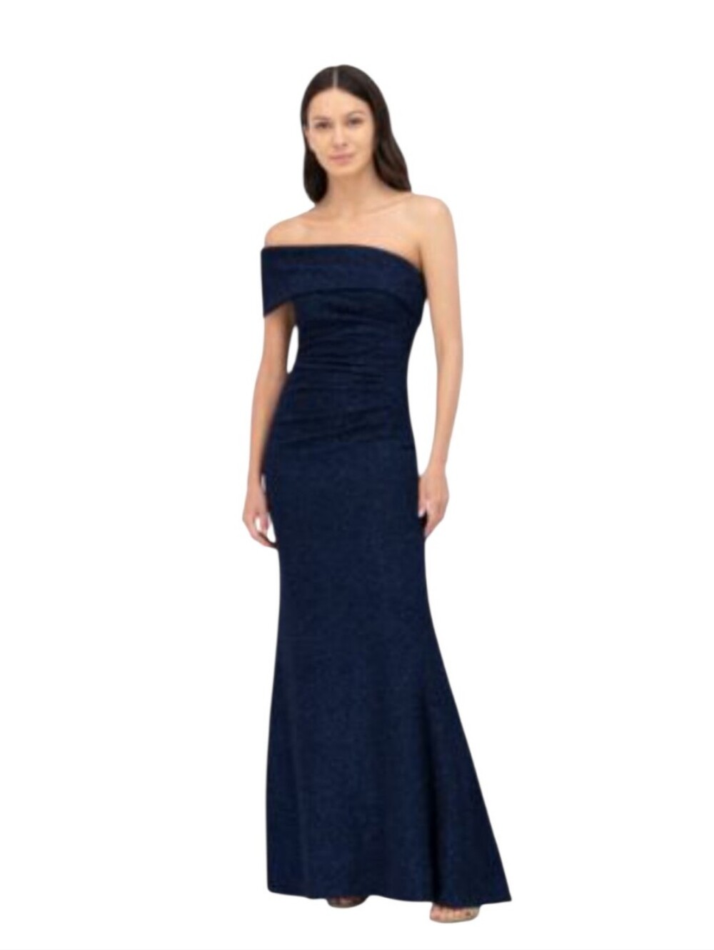 Eliza J Petite Metallic Off-Shoulder Navy Blue Evening Gown...Size 2P